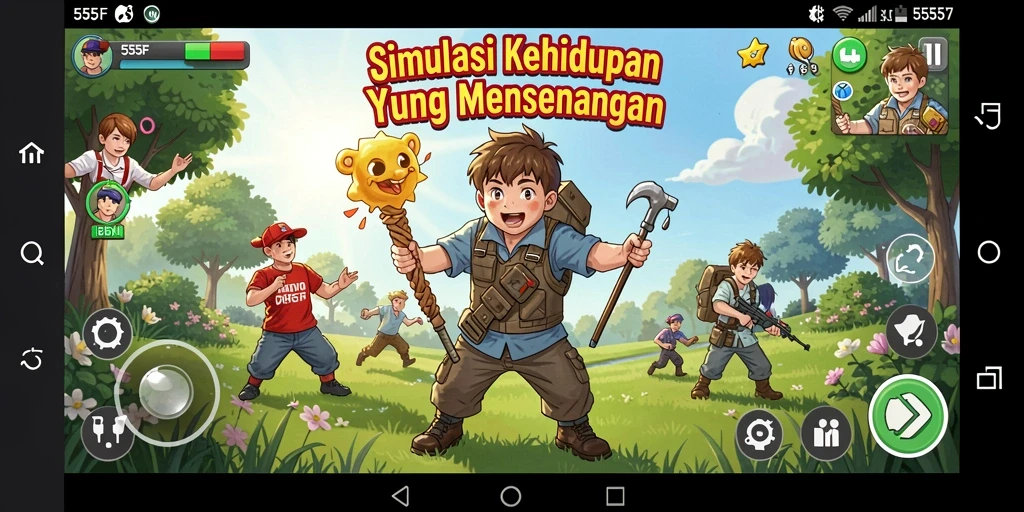 Tampilan gameplay menarik dari 555F yang menunjukkan simulasi kehidupan yang dinamis.