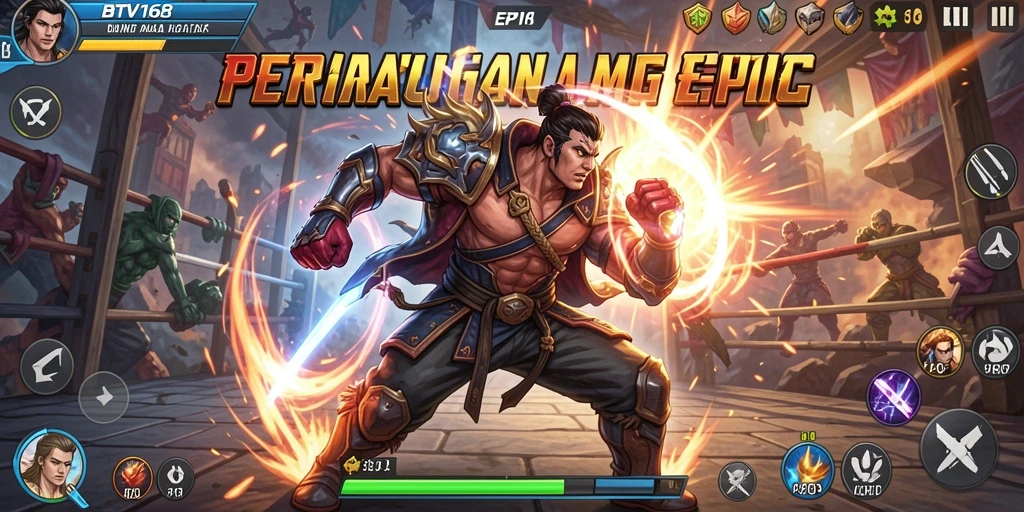 Tangkapan layar utama BTV168 menampilkan pertarungan yang intens dan karakter unik.