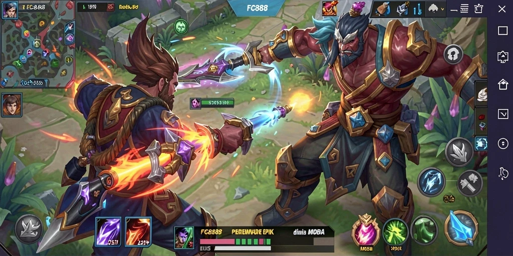 Tampilan gameplay MOBA yang mendebarkan dan penuh strategi.