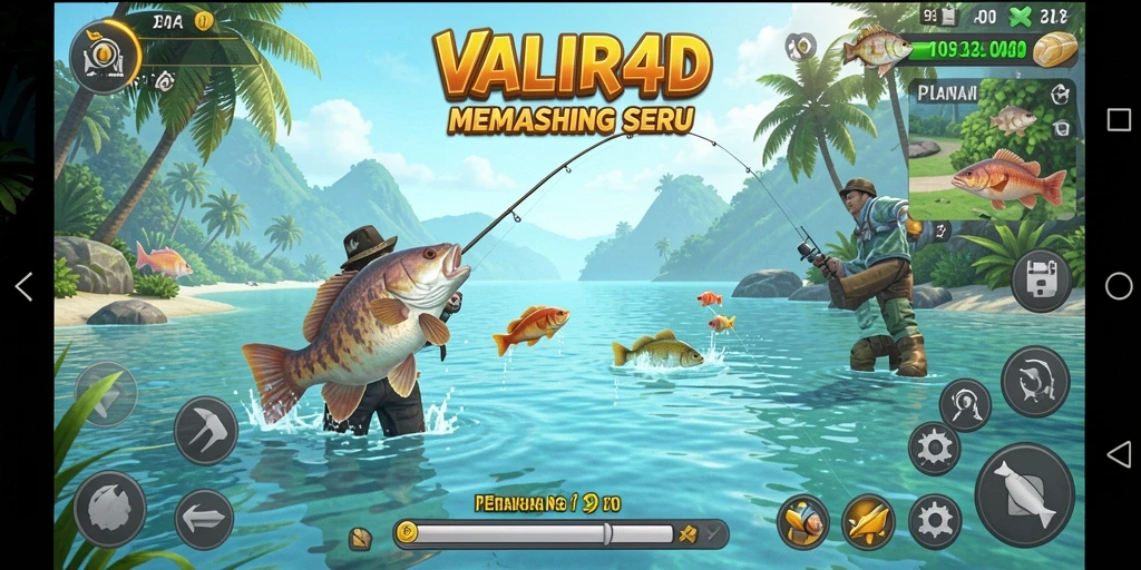 Screenshot gameplay VALIR4D menampilkan momen menangkap ikan besar.